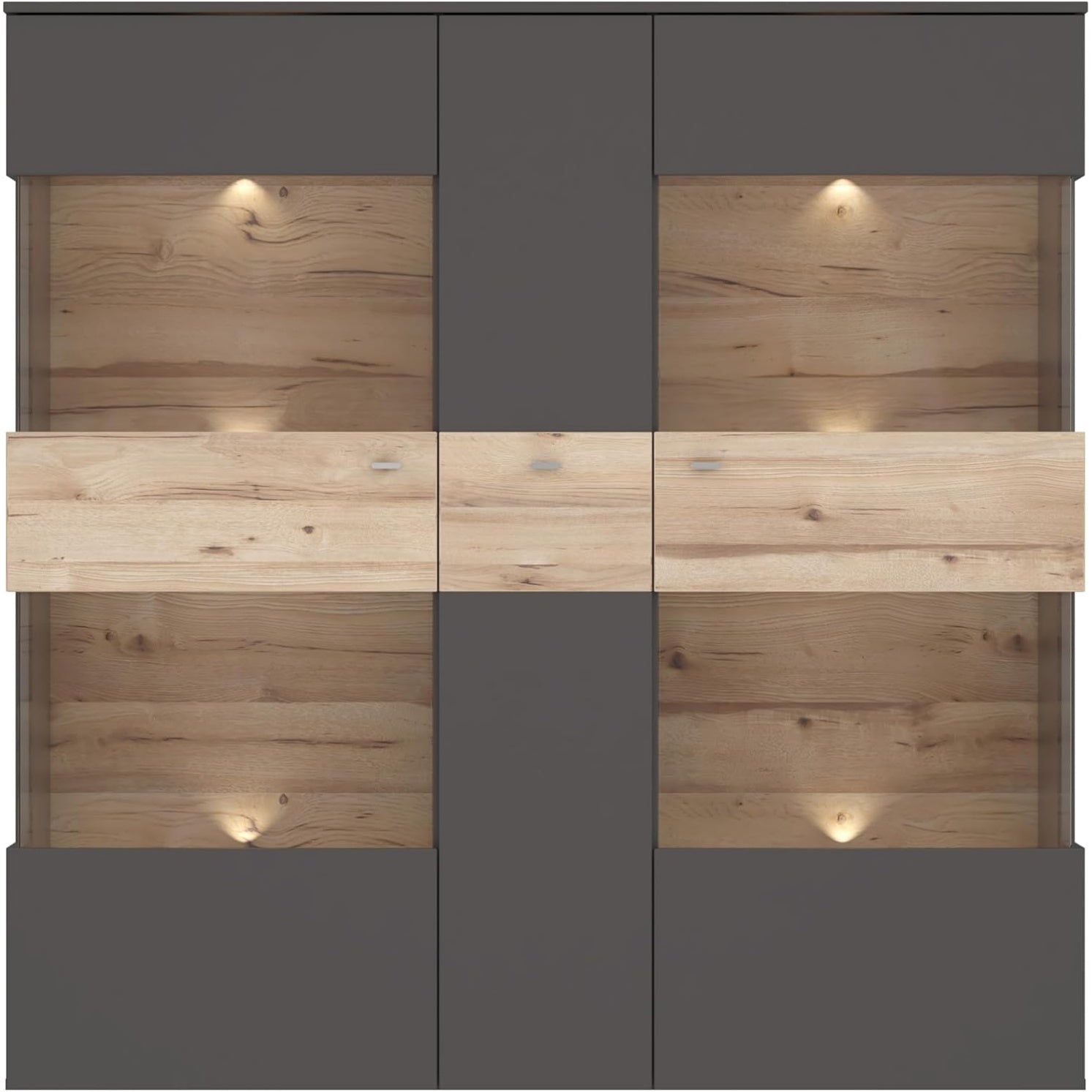 Highboard mit 1 Tür und 2 Glastüren, Grau und Eiche, 149,8 × 152,1 × 41,3 cm