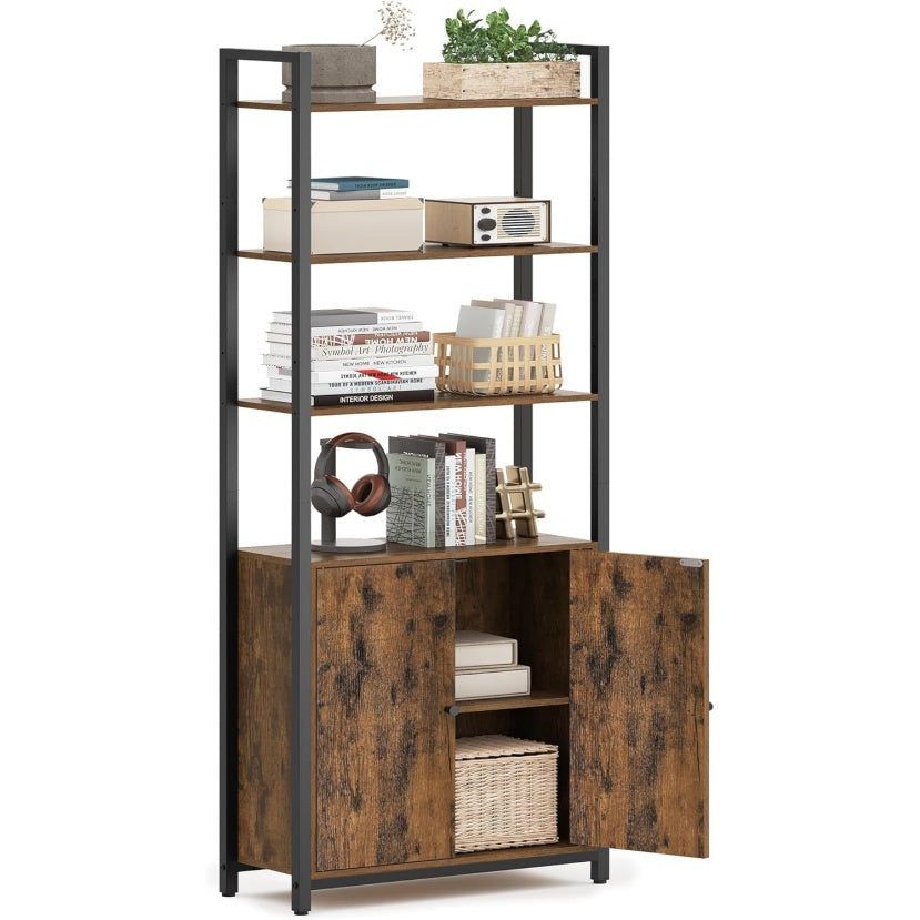 Bücherregal mit 6 Ebenen, Türen und verstellbaren Ablagen, 24 × 60 × 159,5 cm