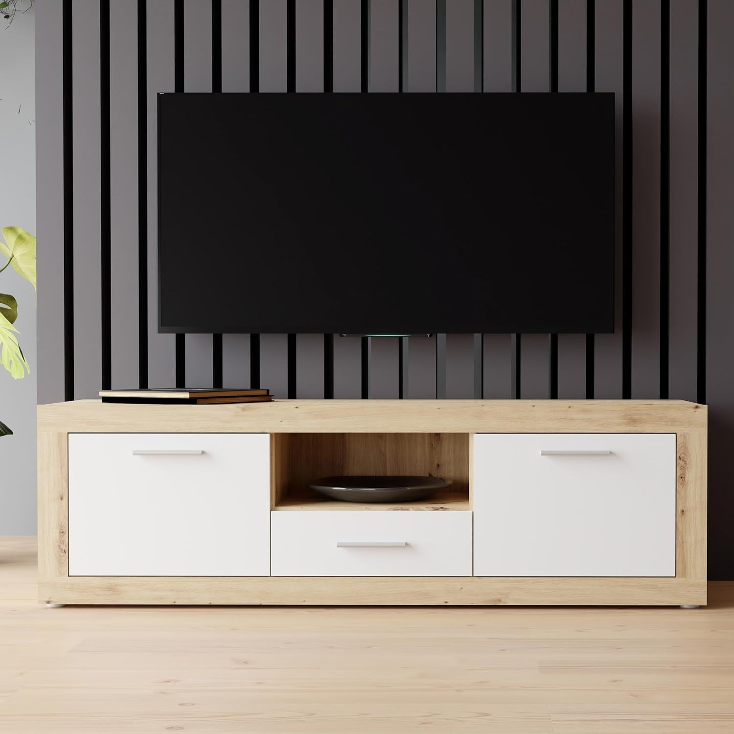 TV-Lowboard mit 2 Türen und 1 Schublade aus Holzwerkstoff in Artisan-Eiche und Weiß, 147,7 × 49,8 × 41 cm