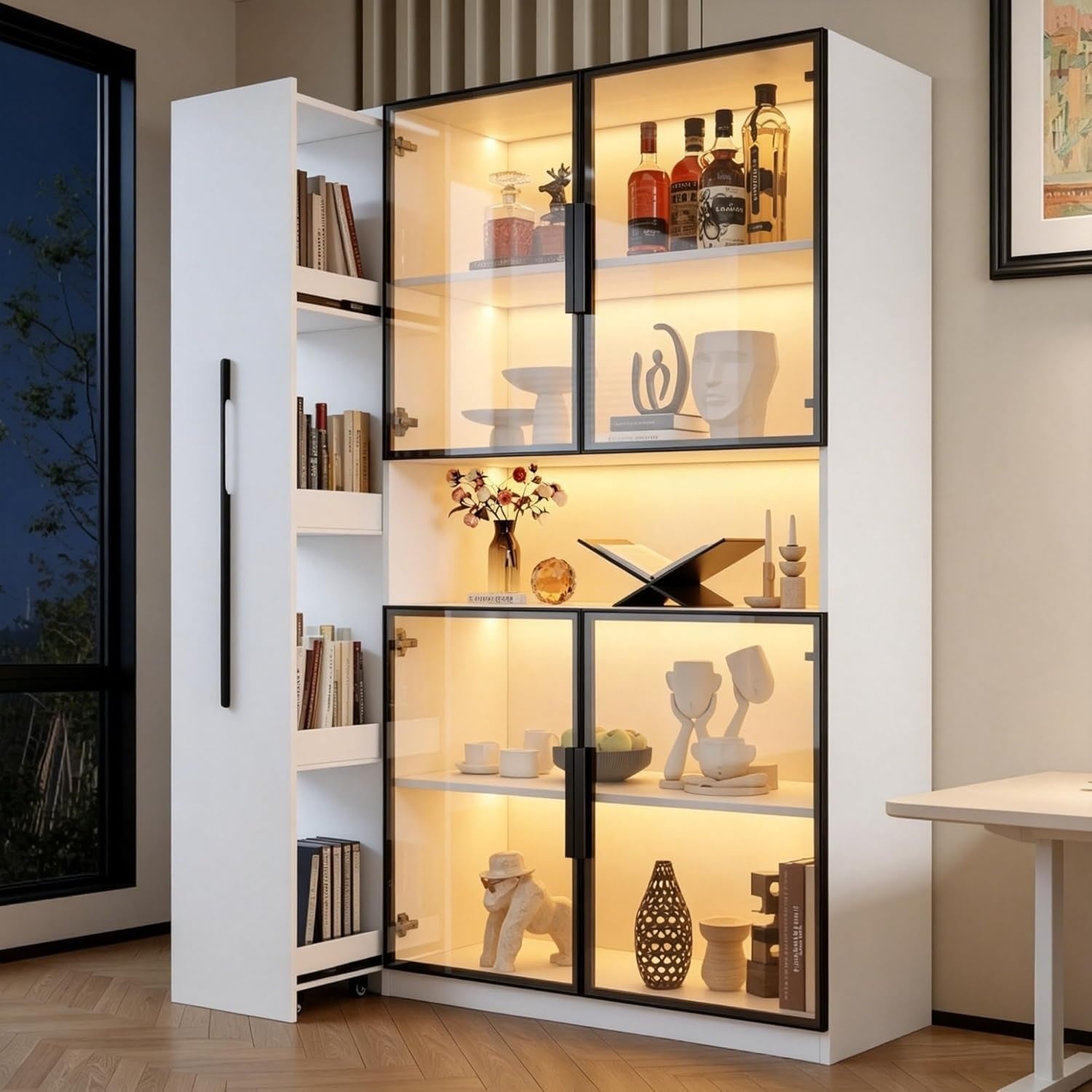 Glasvitrine mit LED-Beleuchtung, ausziehbaren Regalen und Schubladen, 110 × 35 × 160 cm