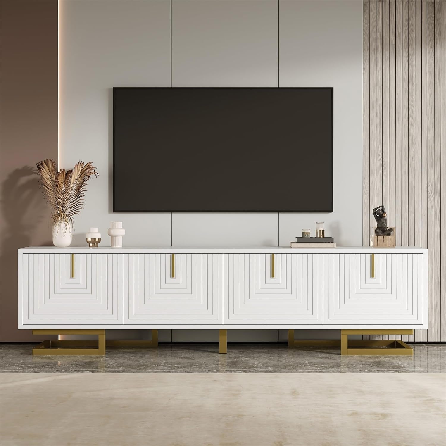 TV-Lowboard mit 4 strukturierten Türen und goldfarbenen Griffen, 160 cm