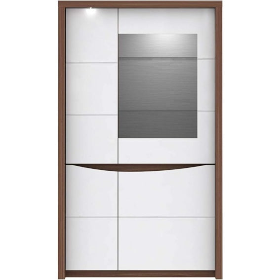 Vitrine mit 3 Türen und 1 Glastür aus Holzwerkstoff in Sangallo-Eiche und Weiß Hochglanz, 93,8 × 158,8 × 42 cm