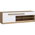 TV-Lowboard mit 1 Tür, 1 Schublade und offenem Fach mit Kabeldurchlass aus Holzwerkstoff in Riviera-Eiche und Weiß Hochglanz, 159,9 × 50 × 41,5 cm