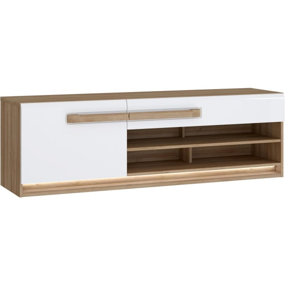 TV-Lowboard mit 1 Tür, 1 Schublade und offenem Fach mit Kabeldurchlass aus Holzwerkstoff in Riviera-Eiche und Weiß Hochglanz, 159,9 × 50 × 41,5 cm