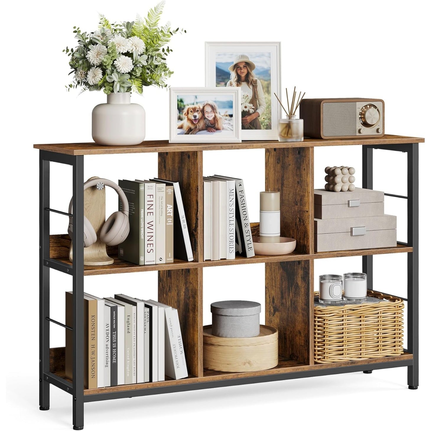 Standregal mit 6 offenen Fächern, 33 × 120 × 80 cm, Vintagebraun und Schwarz