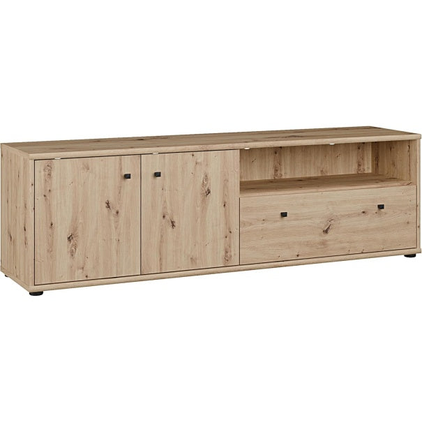 TV-Lowboard mit 2 Türen, 1 Schublade und offenem Fach aus Holzwerkstoff in Artisan-Eiche, 143,9 × 43,9 × 34,8 cm