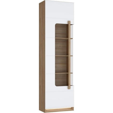 Vitrine mit 1 Tür und abgerundeter Glasscheibe aus Holzwerkstoff in Riviera-Eiche und Weiß Hochglanz, 60,2 × 210 × 34,3 cm