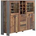 Highboard mit Glas- und Holztüren in Holz- und Betonoptik, 151 × 125 × 41,5 cm